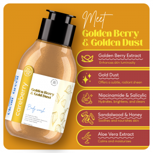 Careberry Golden Berry & Gold Dust Brightening Body Wash, For Bright & Lit Skin, Ayush Certified Ayurvedic, Paraben & Sulphate Free, Gulten & GMO Free, 100ml